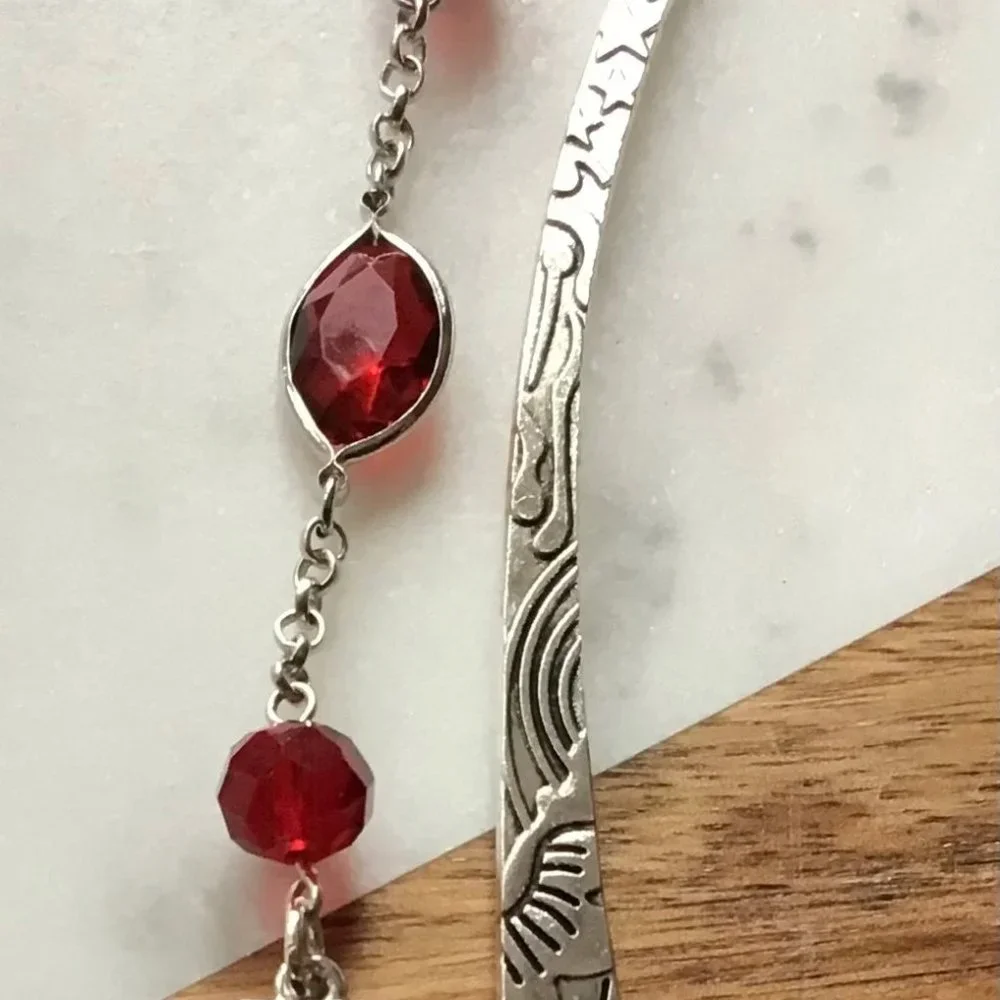 Tibetan Metal Bookmark - Sun and Stars Engraved Red Garnet Sunburst Charm‎
